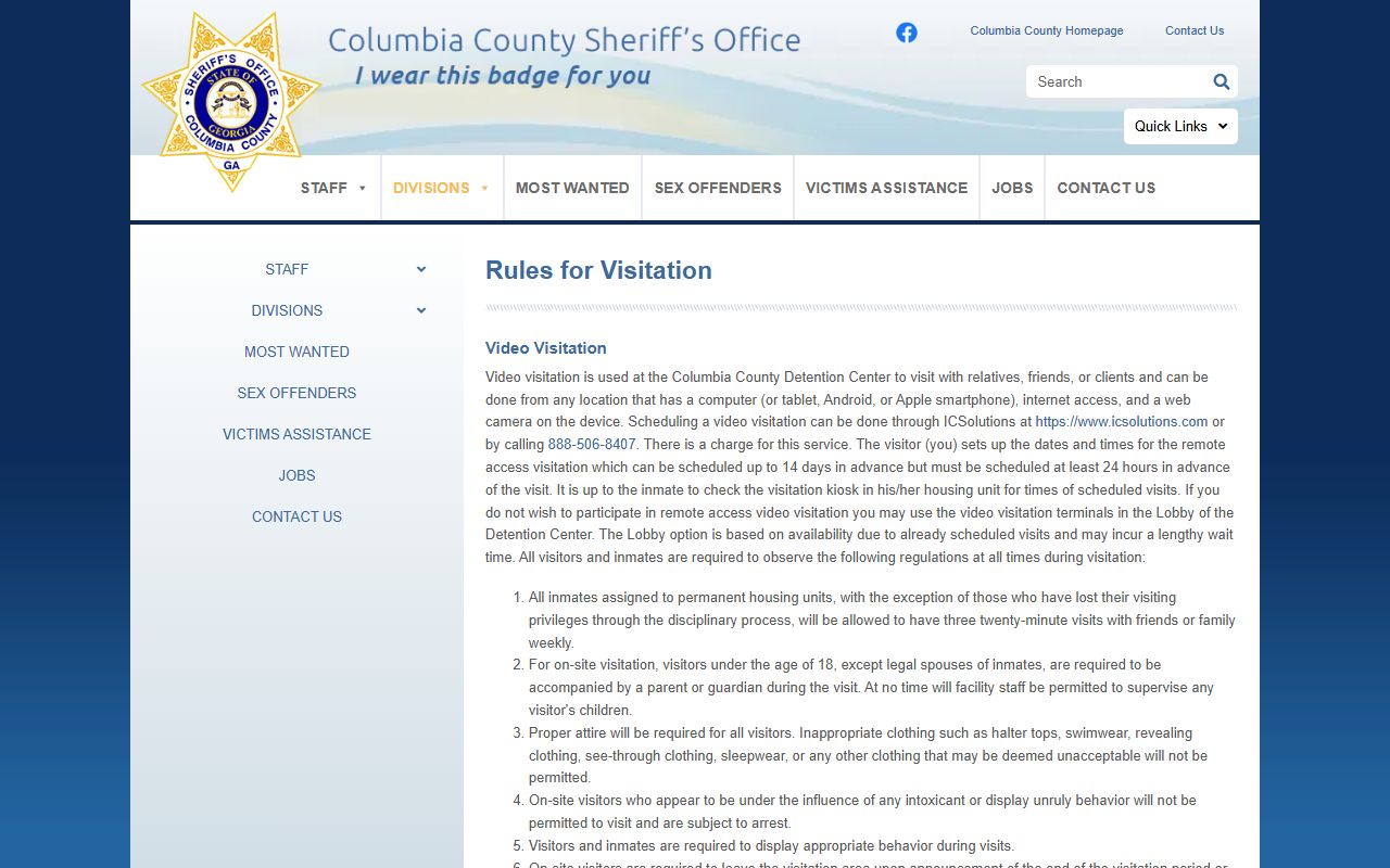 Columbia County jail visitation rules for inmate records