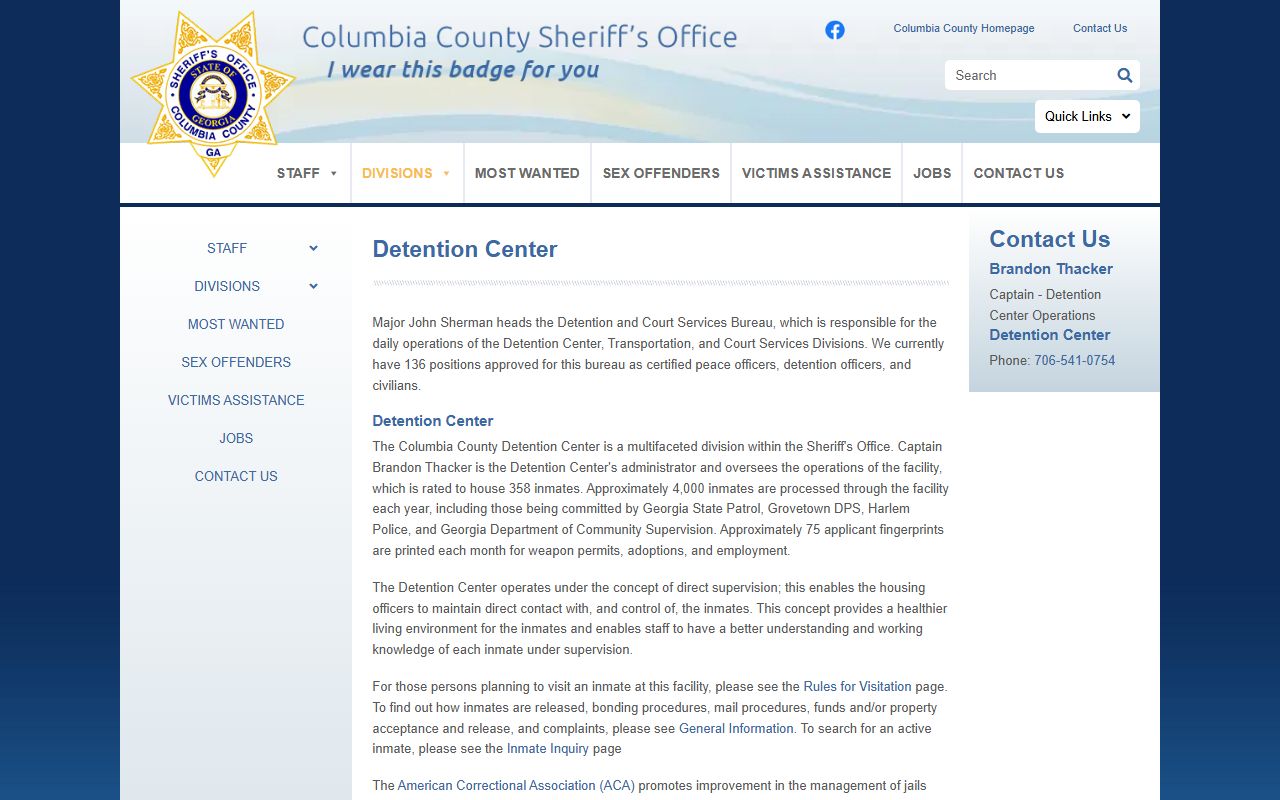 Columbia County Detention Center inmate population facility page