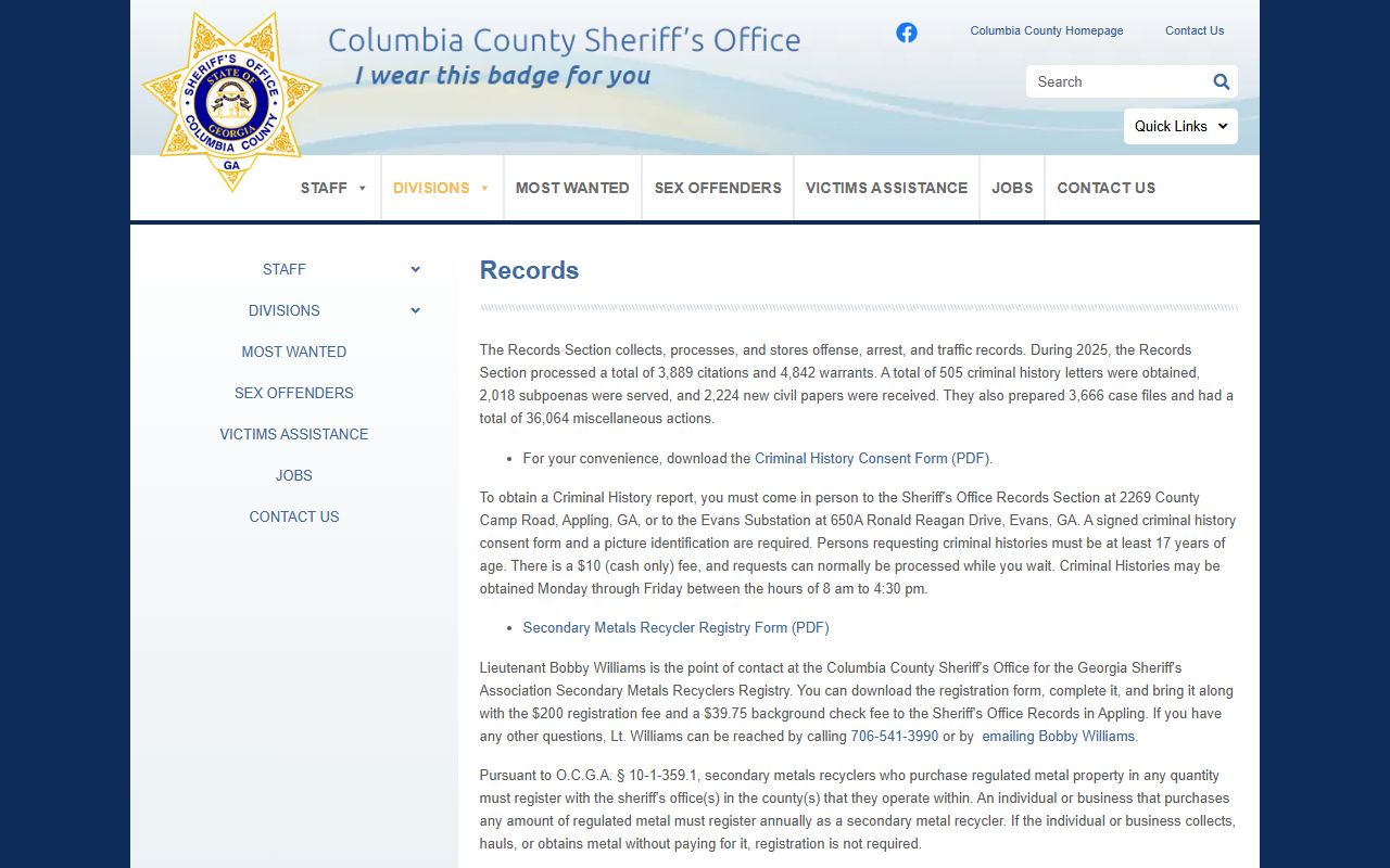 Columbia County inmate records sheriff records request page